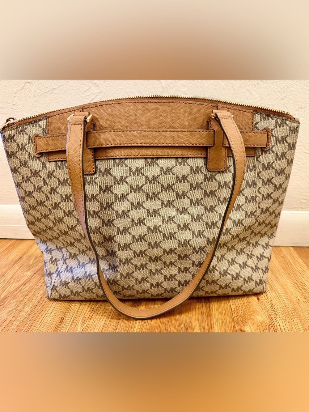 Michael Kors Beige and Tan MK Monogram Tote - Picture 3 of 8